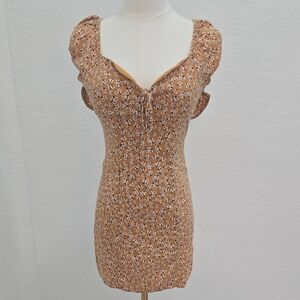 Aeropostale Tan Floral Sweetheart Puff-Sleeve Mini Dress